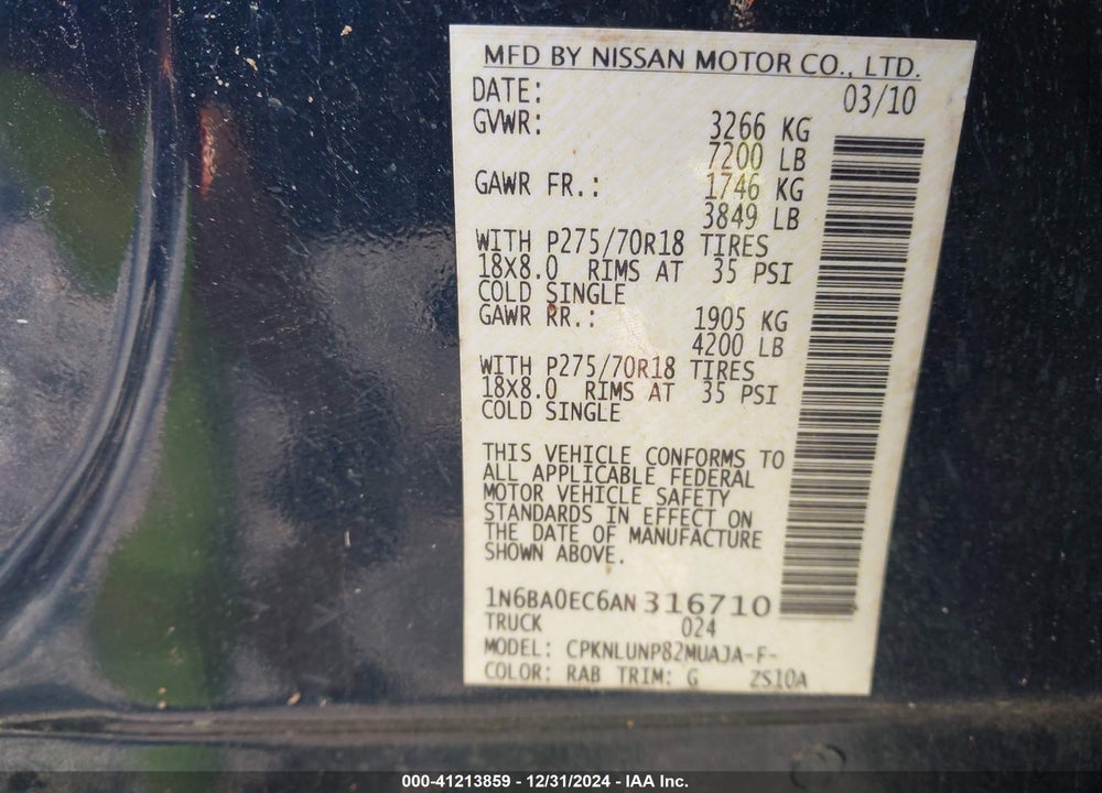 2010 NISSAN TITAN VIN: 1N6BA0EC6AN316710