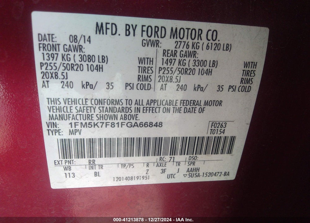 2015 FORD EXPLORER LIMITED VIN: 1FM5K7F81FGA66848
