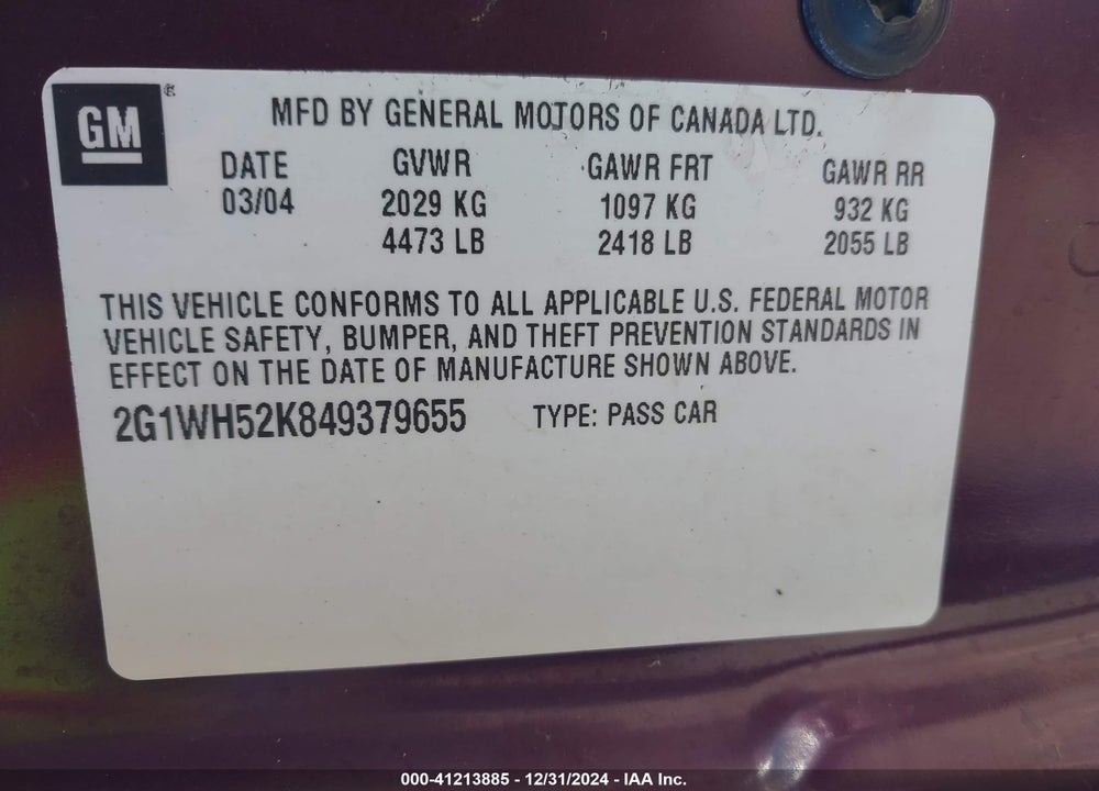 2004 CHEVROLET IMPALA LS VIN: 2G1WH52K849379655