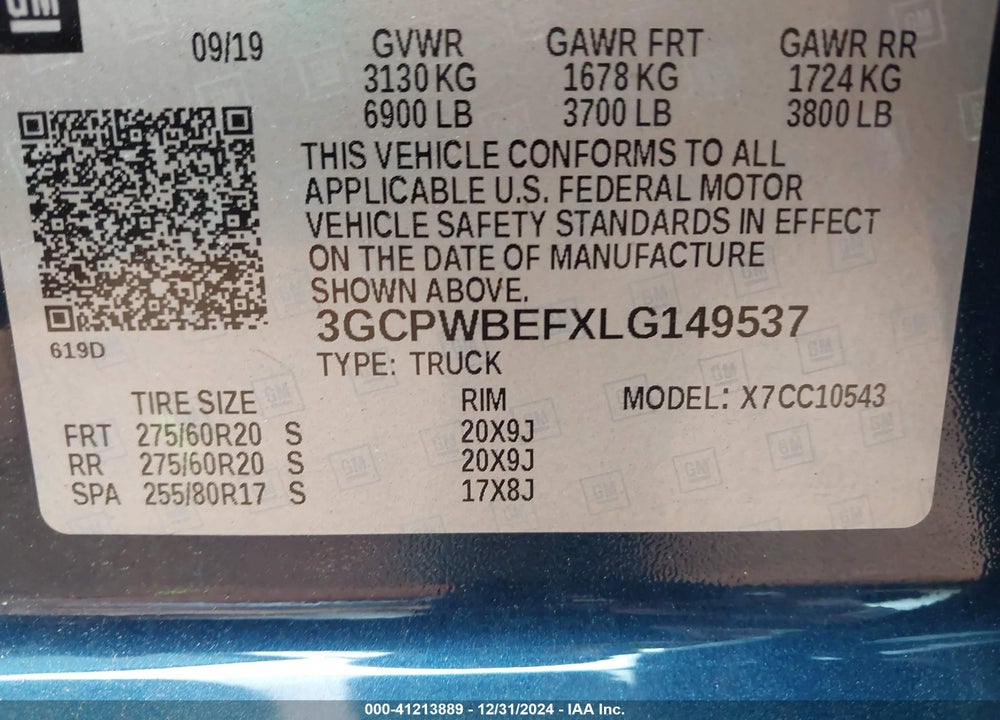 2020 CHEVROLET SILVERADO C1500 CUSTOM VIN: 3GCPWBEFXLG149537