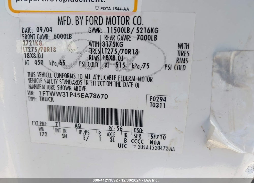 2005 FORD F-350 LARIAT/XL/XLT VIN: 1FTWW31P45EA78670