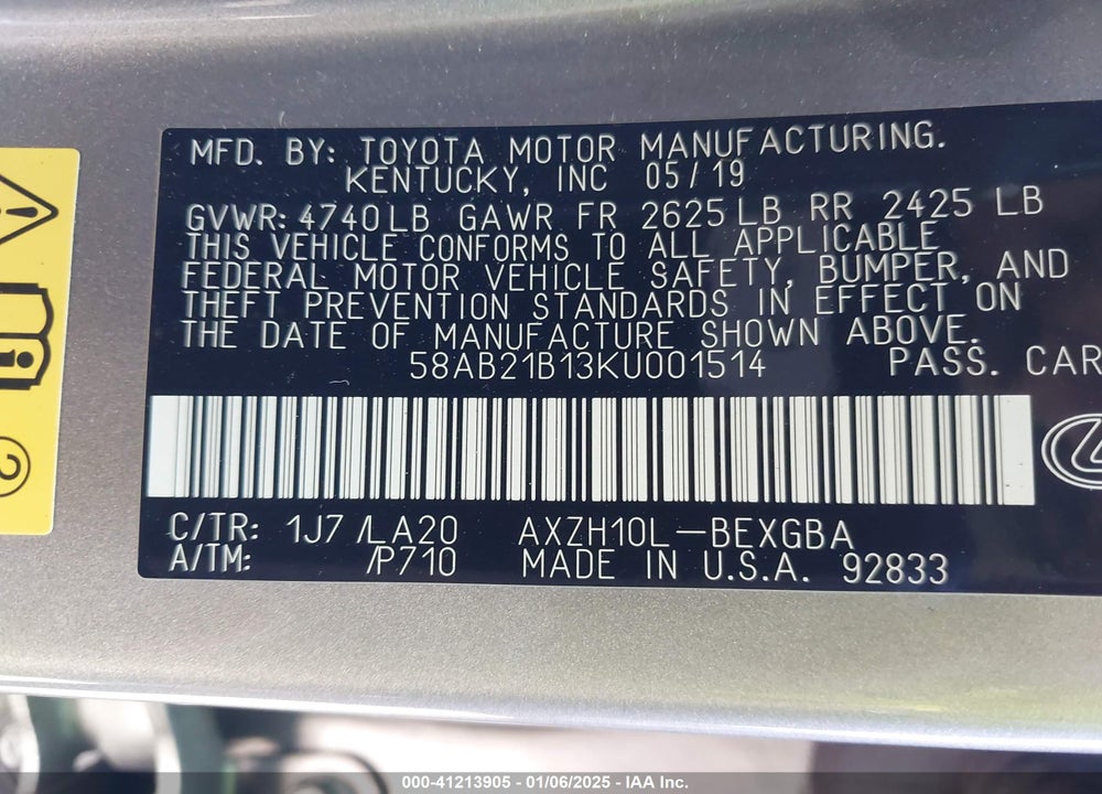 2019 LEXUS ES 300H VIN: 58AB21B13KU001514