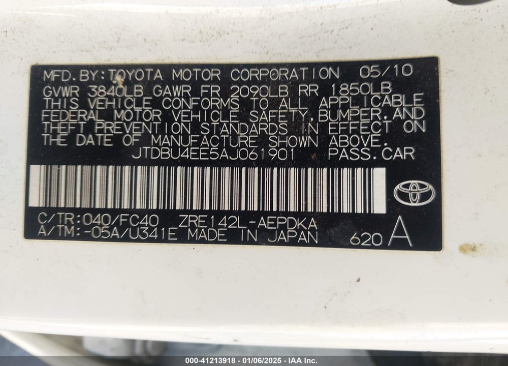 2010 TOYOTA COROLLA VIN: JTDBU4EE5AJ061901