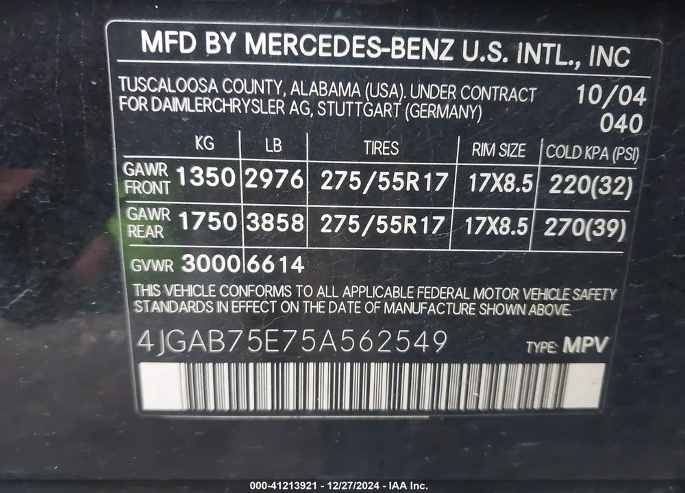 2005 MERCEDES-BENZ ML 500 4MATIC VIN: 4JGAB75E75A562549