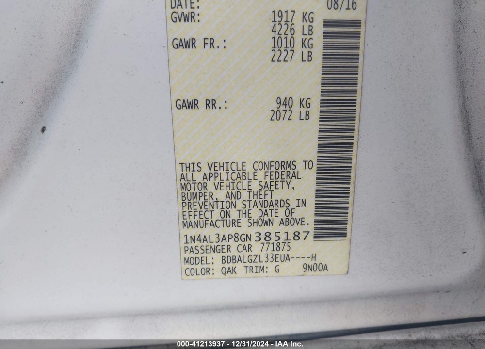 2016 NISSAN ALTIMA VIN: 1N4AL3AP8GN385187