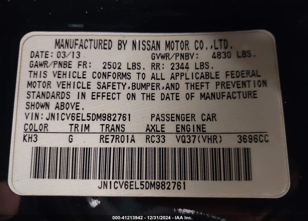 2013 INFINITI G37X VIN: JN1CV6EL5DM982761