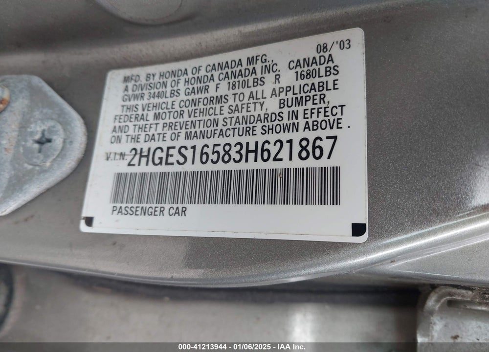 2003 HONDA CIVIC LX VIN: 2HGES16583H621867