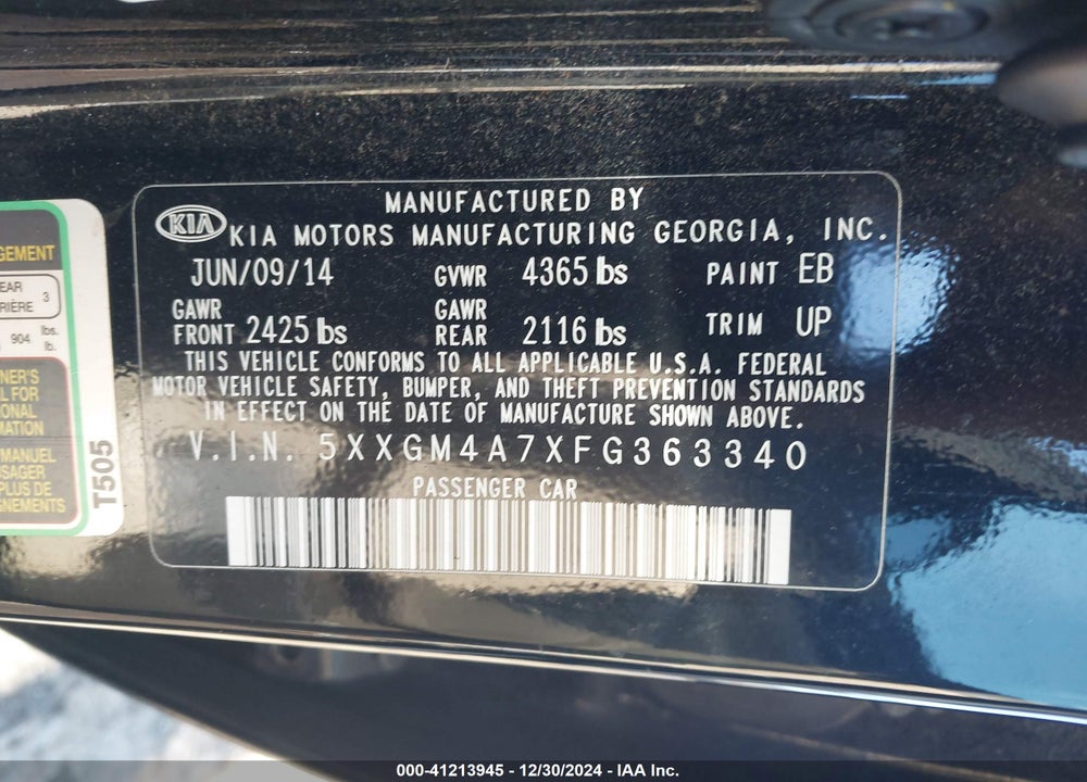 2015 KIA OPTIMA VIN: 5XXGM4A7XFG363340