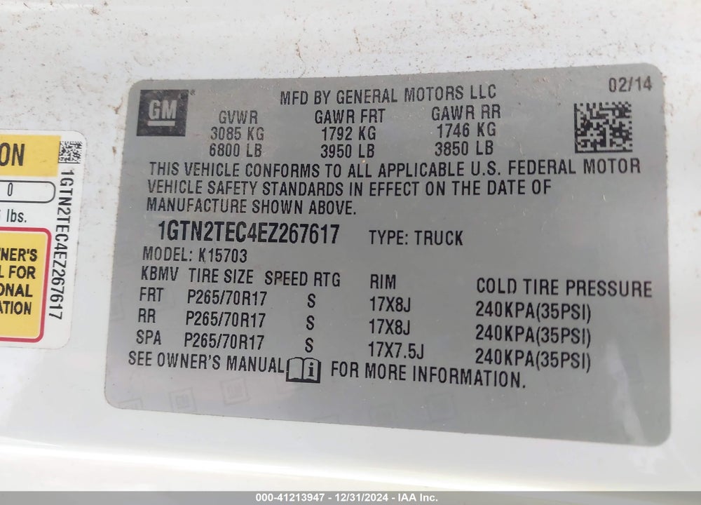 2014 GMC SIERRA 1500 VIN: 1GTN2TEC4EZ267617