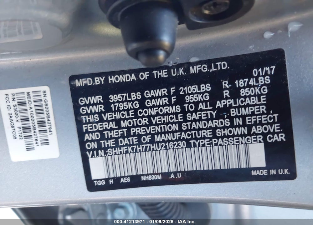 2017 HONDA CIVIC EX-L VIN: SHHFK7H77HU216230