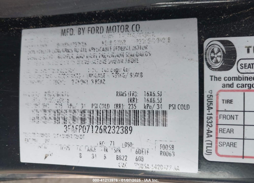 2006 FORD FUSION SE VIN: 3FAFP07126R232389