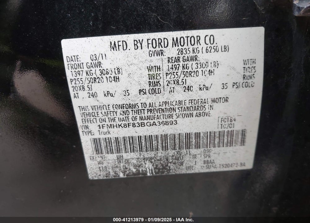 2011 FORD EXPLORER LIMITED VIN: 1FMHK8F83BGA36893