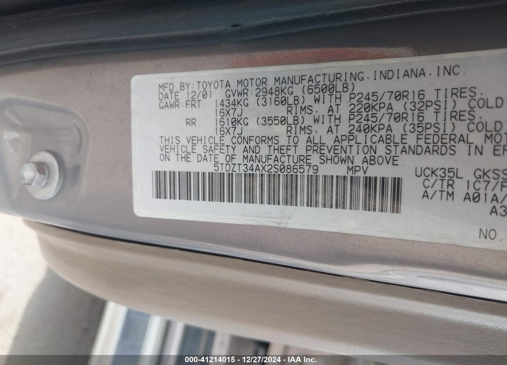 2002 TOYOTA SEQUOIA SR5 VIN: 5TDZT34AX2S086579