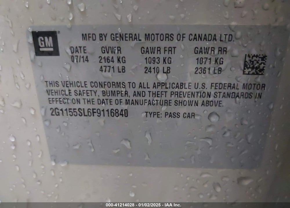 2015 CHEVROLET IMPALA VIN: 2G1155SL6F9116840
