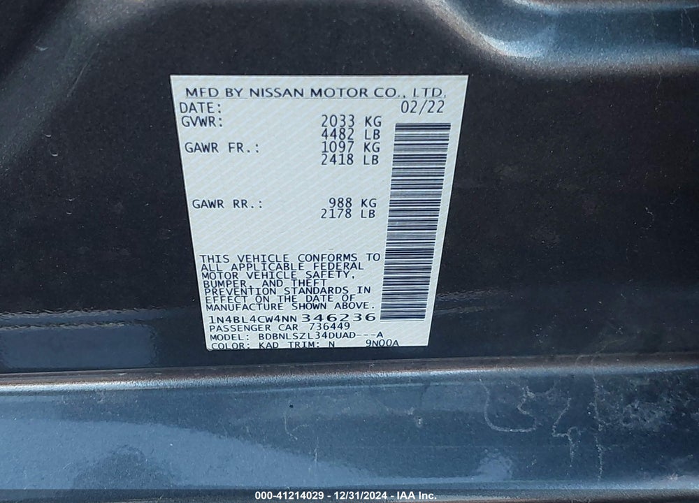 2022 NISSAN ALTIMA VIN: 1N4BL4CW4NN346236