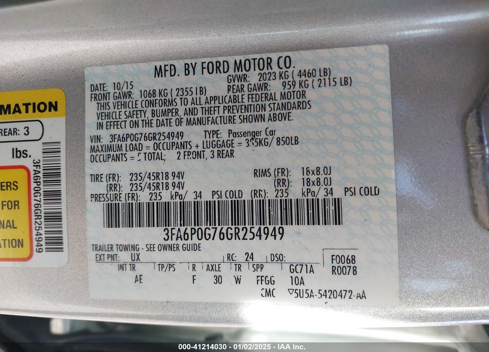 2016 FORD FUSION S VIN: 3FA6P0G76GR254949