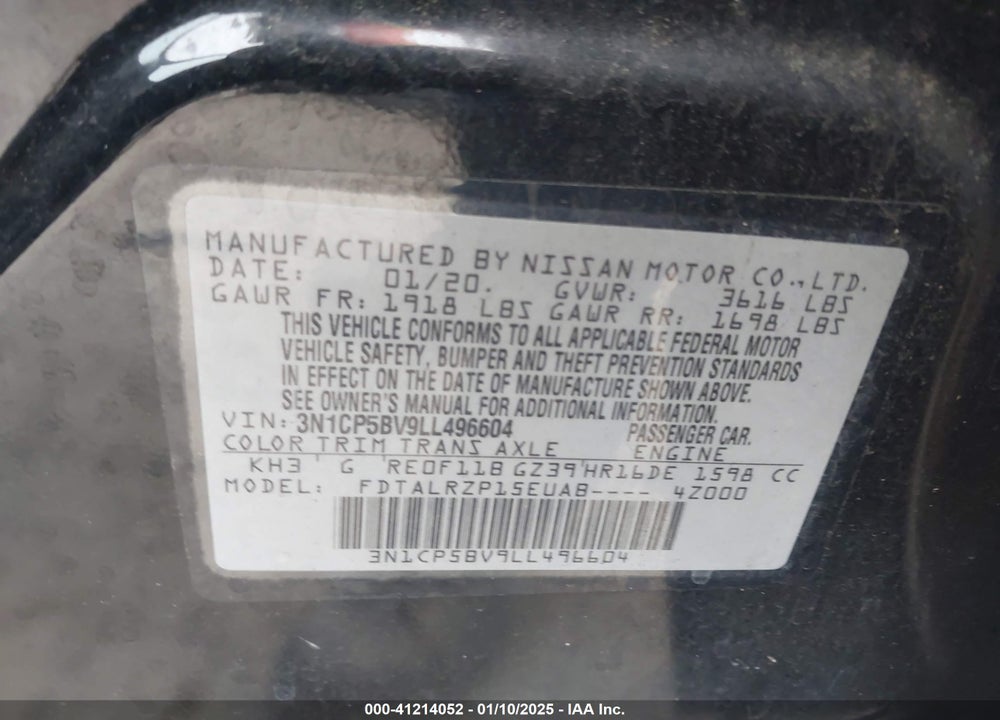 2020 NISSAN KICKS S XTRONIC CVT VIN: 3N1CP5BV9LL496604