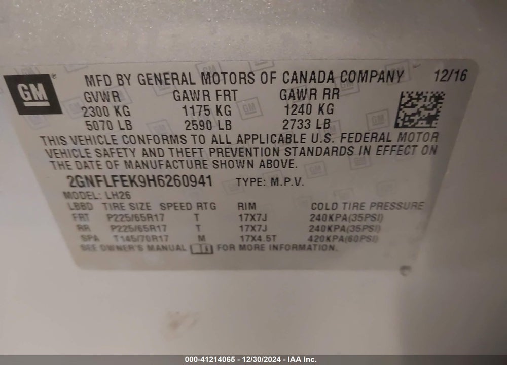 2017 CHEVROLET EQUINOX LT VIN: 2GNFLFEK9H6260941