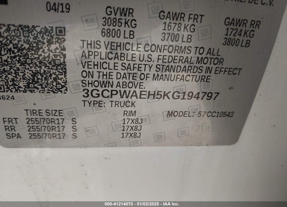 2019 CHEVROLET SILVERADO C1500 VIN: 3GCPWAEH5KG194797