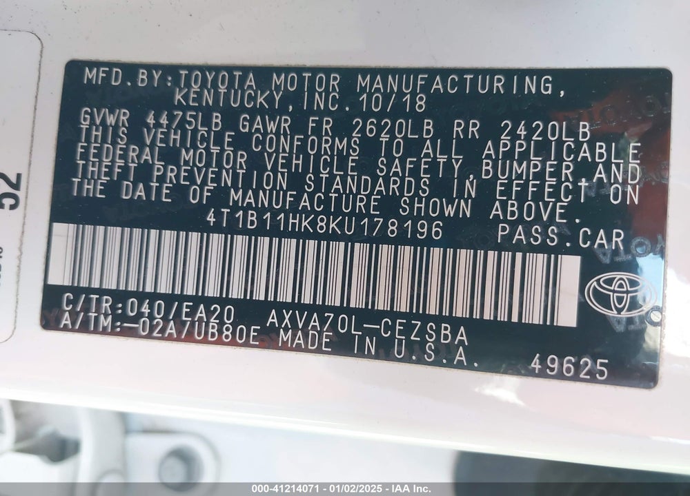 2019 TOYOTA CAMRY SE VIN: 4T1B11HK8KU178196