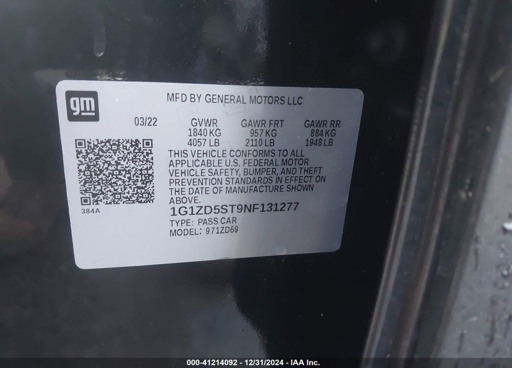 2022 CHEVROLET MALIBU FWD LT VIN: 1G1ZD5ST9NF131277