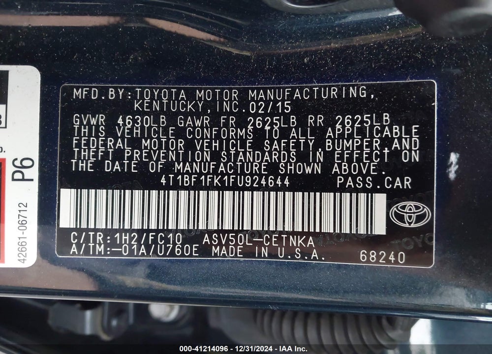 2015 TOYOTA CAMRY LE VIN: 4T1BF1FK1FU924644
