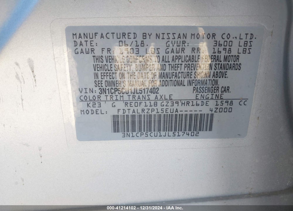2018 NISSAN KICKS S VIN: 3N1CP5CU1JL517402