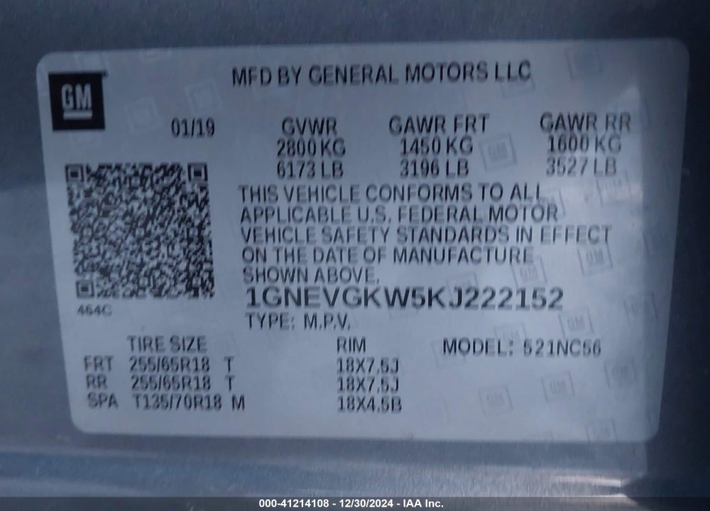 2019 CHEVROLET TRAVERSE 1LT VIN: 1GNEVGKW5KJ222152