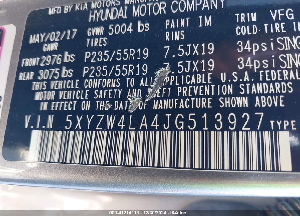 2018 HYUNDAI SANTA FE SPORT VIN: 5XYZW4LA4JG513927