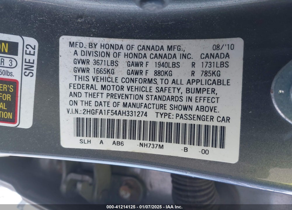 2010 HONDA CIVIC LX VIN: 2HGFA1F54AH331274