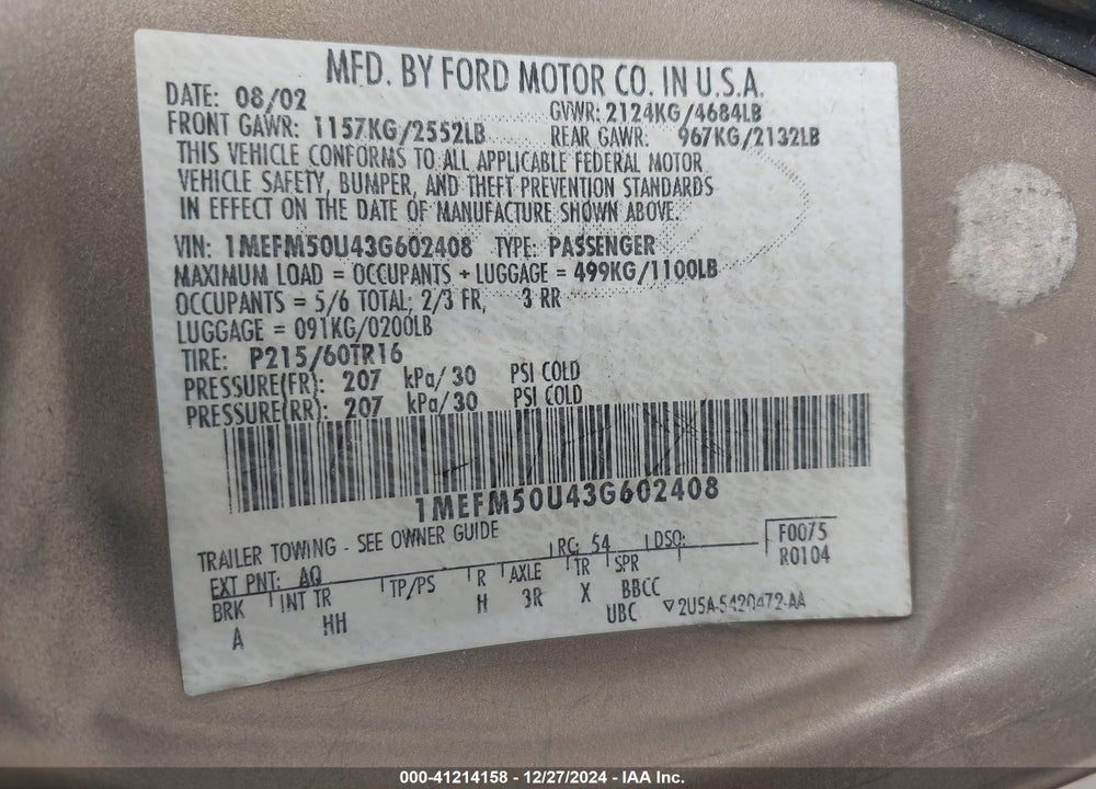 2003 MERCURY SABLE GS VIN: 1MEFM50U43G602408