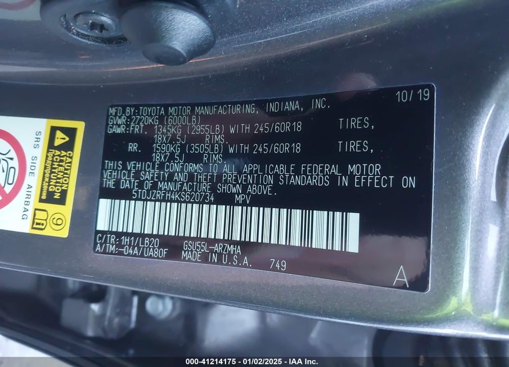 2019 TOYOTA HIGHLANDER XLE VIN: 5TDJZRFH4KS620734