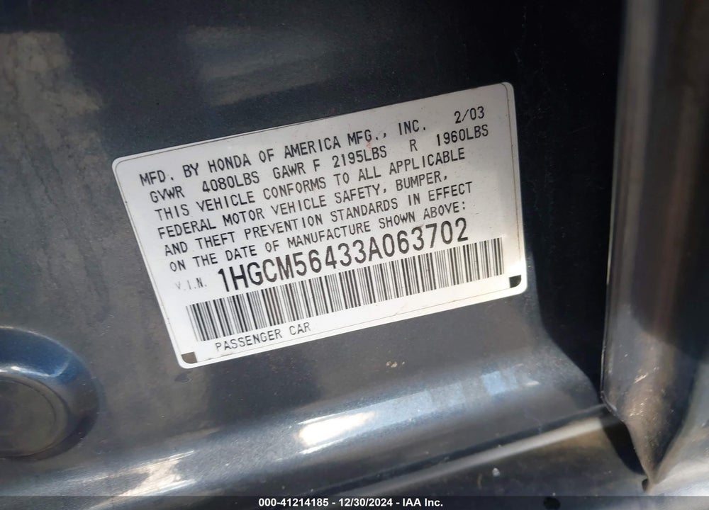 2003 HONDA ACCORD LX VIN: 1HGCM56433A063702