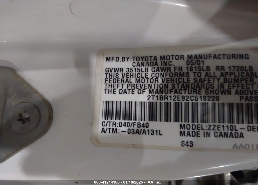 2002 TOYOTA COROLLA CE VIN: 2T1BR12E92C518226