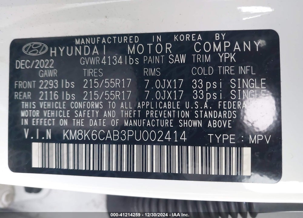 2023 HYUNDAI KONA SEL VIN: KM8K6CAB3PU002414