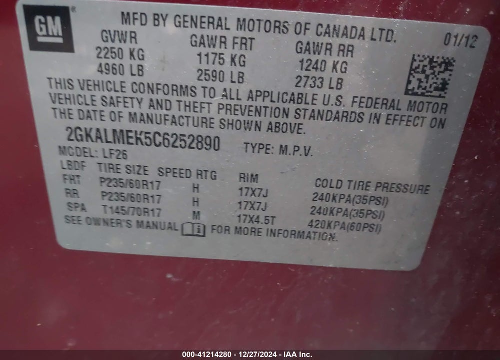 2012 GMC TERRAIN SLE-1 VIN: 2GKALMEK5C6252890