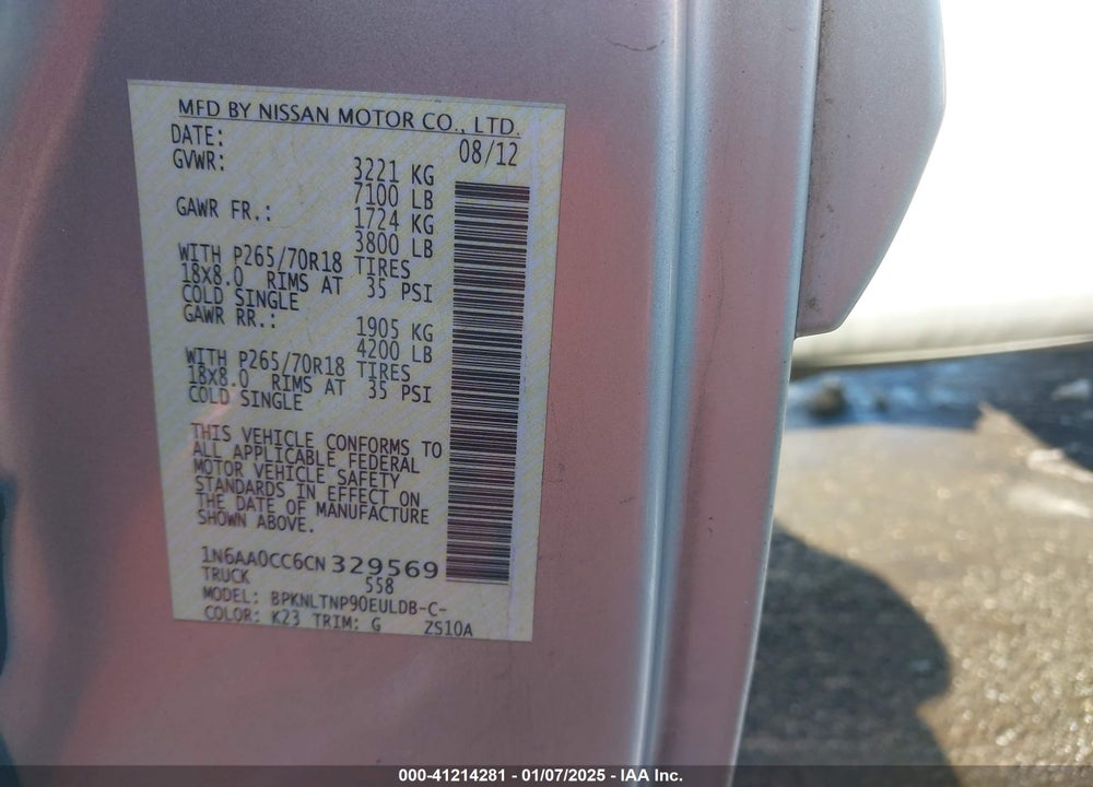 2012 NISSAN TITAN SV VIN: 1N6AA0CC6CN329569