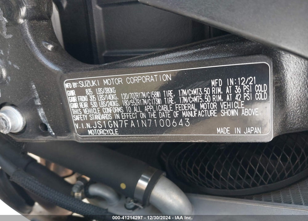2022 SUZUKI GSX-R600 VIN: JS1GN7FA1N7100643