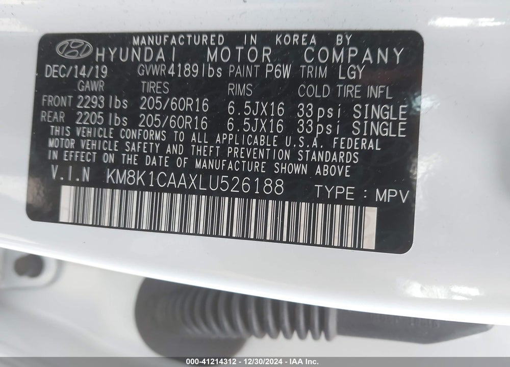2020 HYUNDAI KONA SE VIN: KM8K1CAAXLU526188