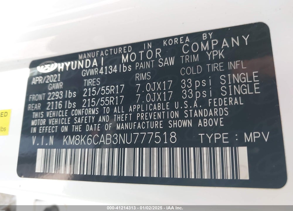2022 HYUNDAI KONA SEL VIN: KM8K6CAB3NU777518