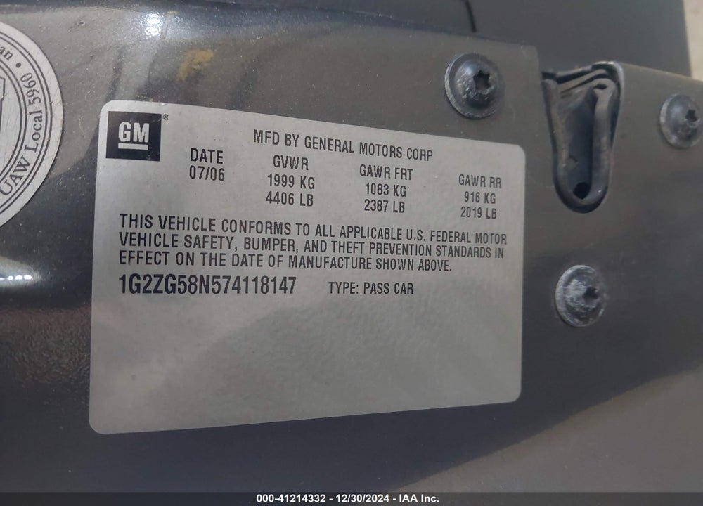 2007 PONTIAC G6 VIN: 1G2ZG58N574118147