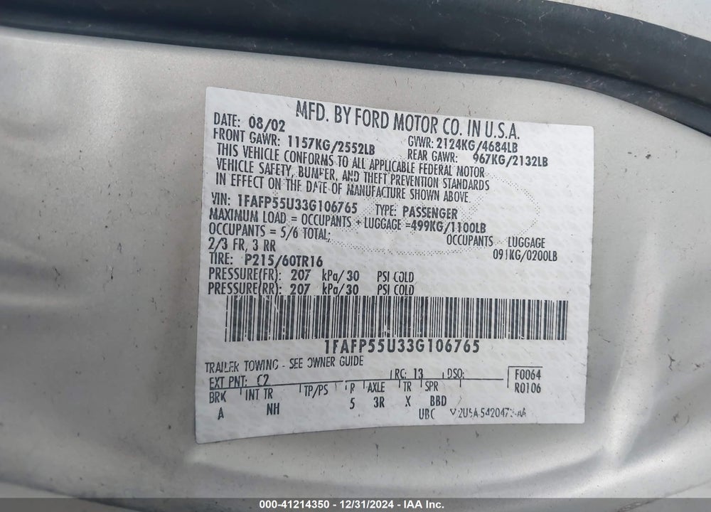 2003 FORD TAURUS SES VIN: 1FAFP55U33G106765