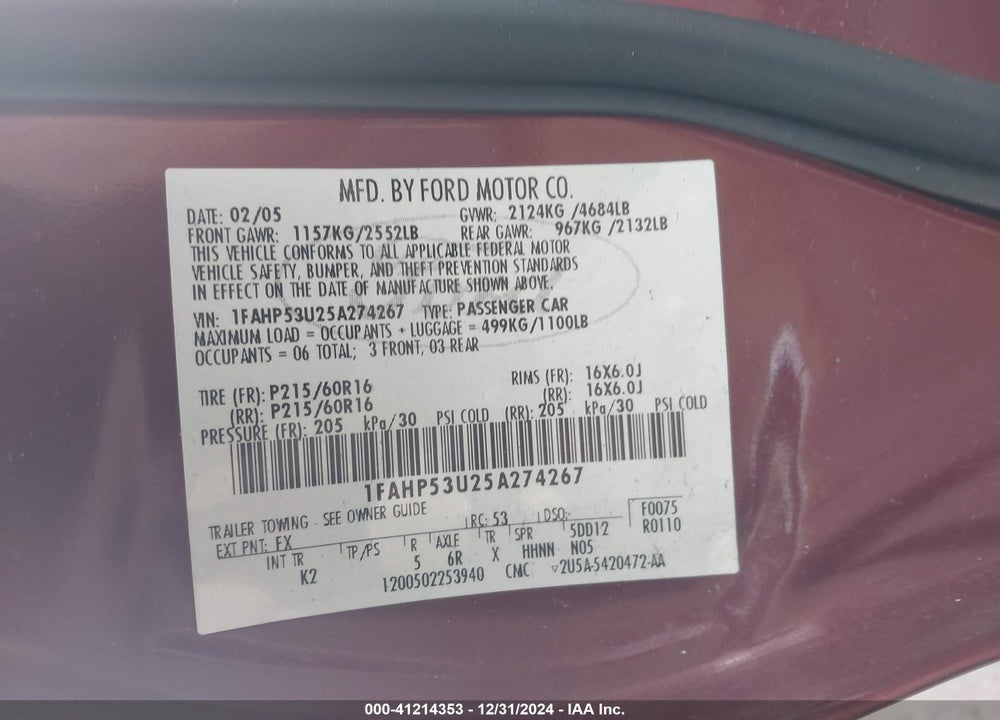 2005 FORD TAURUS SE VIN: 1FAHP53U25A274267