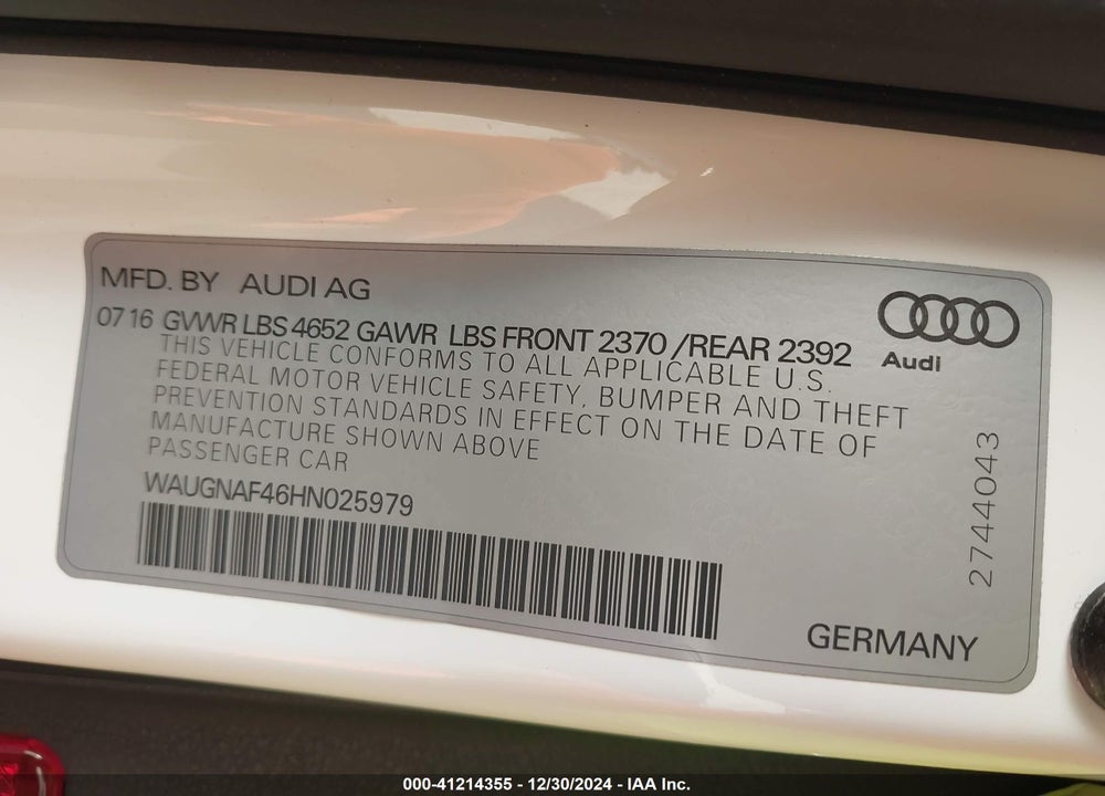 2017 AUDI A4 2.0T PREMIUM VIN: WAUGNAF46HN025979