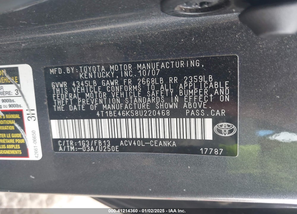 2008 TOYOTA CAMRY LE VIN: 4T1BE46K58U220468