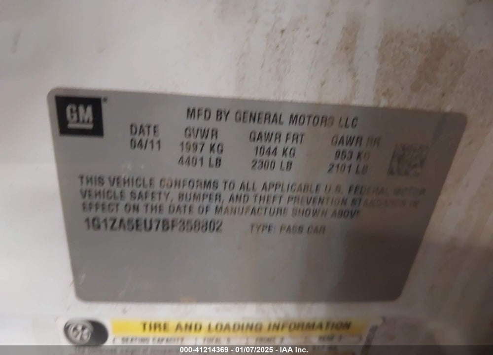 2011 CHEVROLET MALIBU LS VIN: 1G1ZA5EU7BF358802