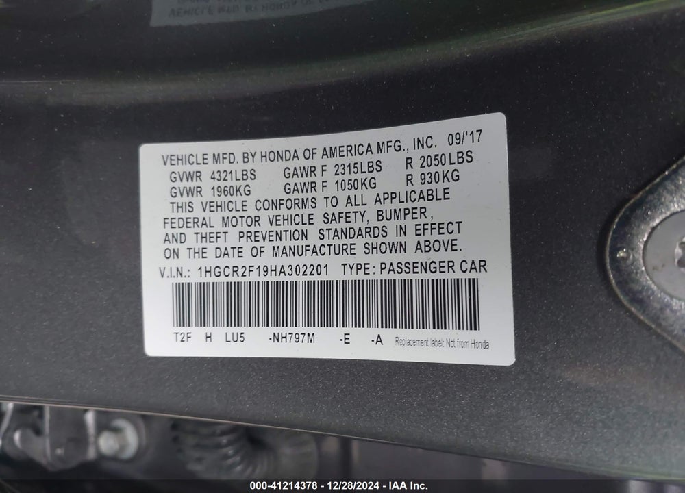 2017 HONDA ACCORD SPORT SE VIN: 1HGCR2F19HA302201