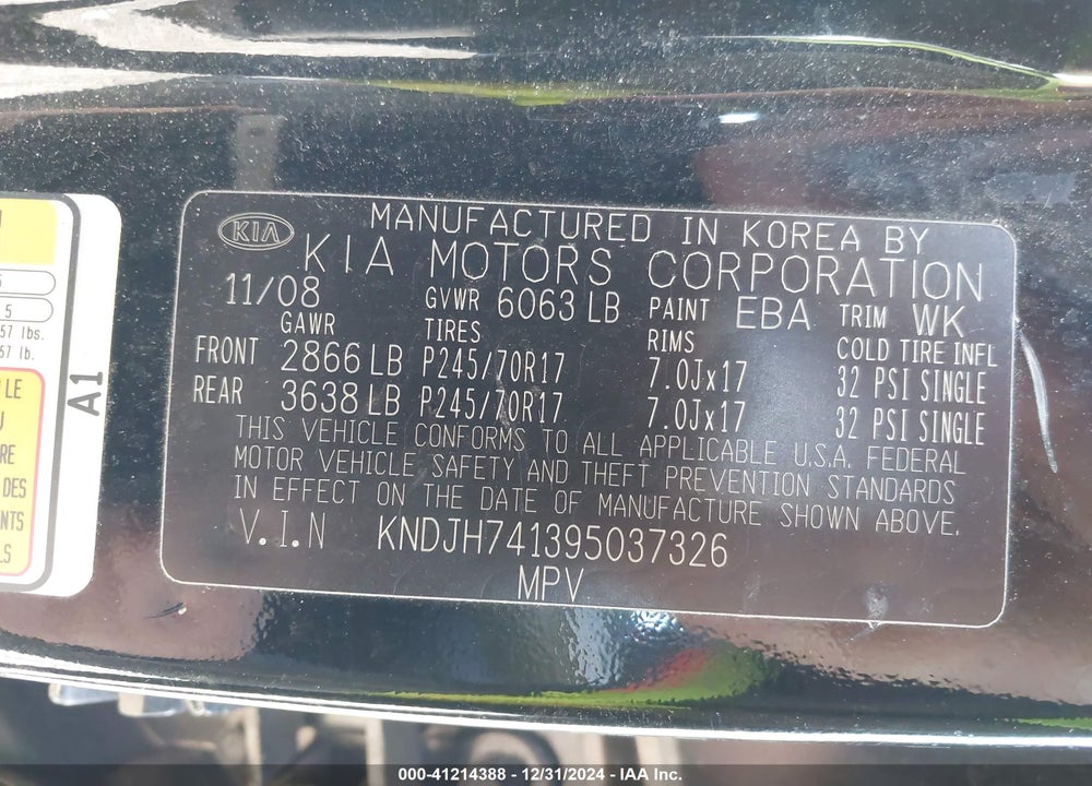 2009 KIA BORREGO EX V6 VIN: KNDJH741395037326