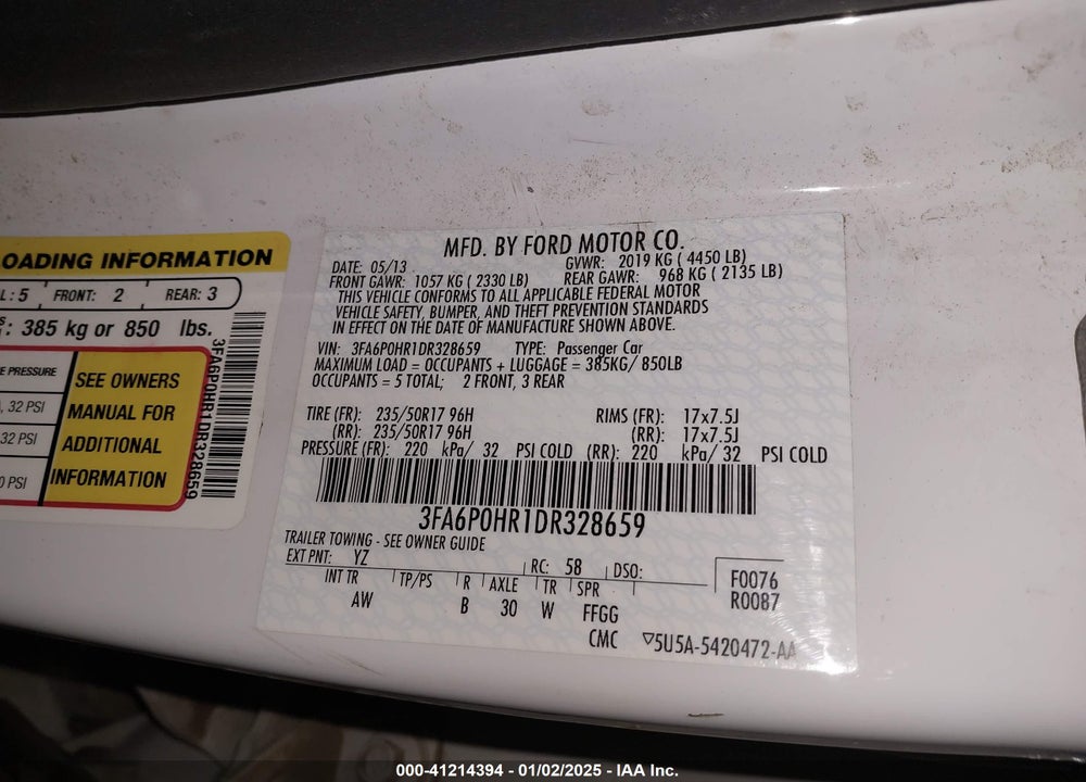 2013 FORD FUSION SE VIN: 3FA6P0HR1DR328659