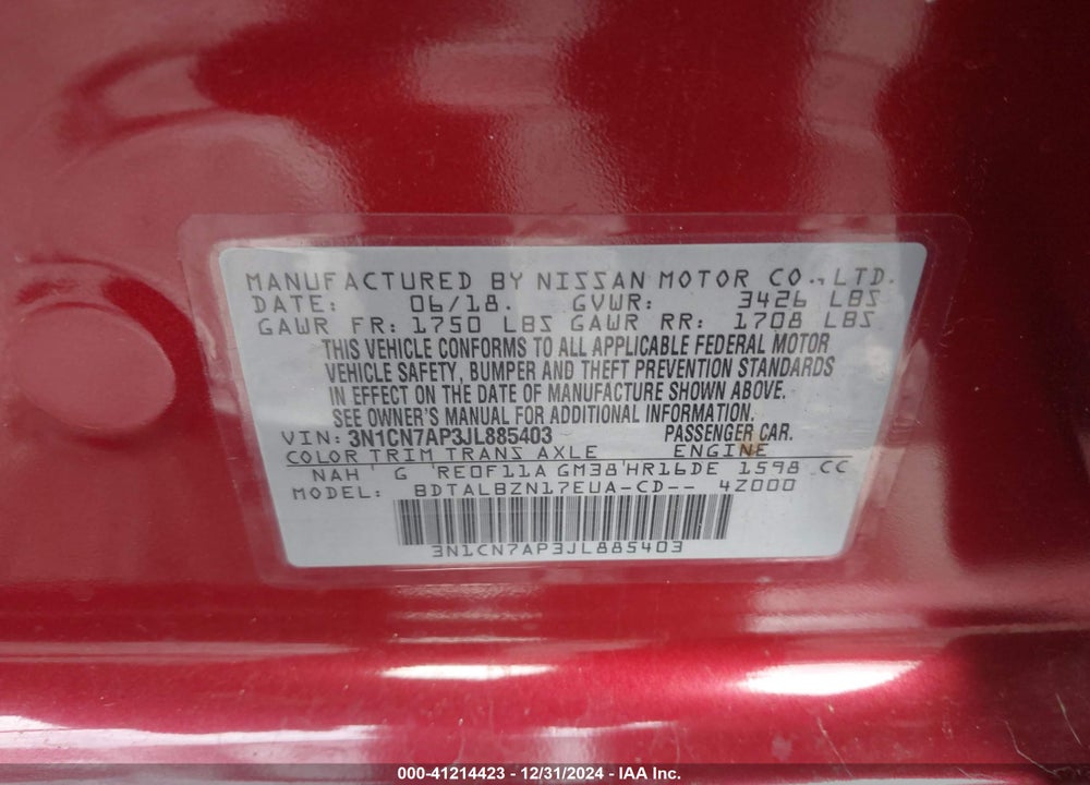 2018 NISSAN VERSA VIN: 3N1CN7AP3JL885403